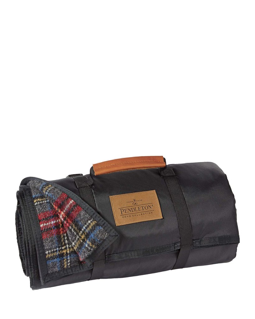 Pendleton Roll-Up Wool Blanket (Charcoal Stewart, 100% Virgin Wool with Nylon Backing, Carrying Strap)