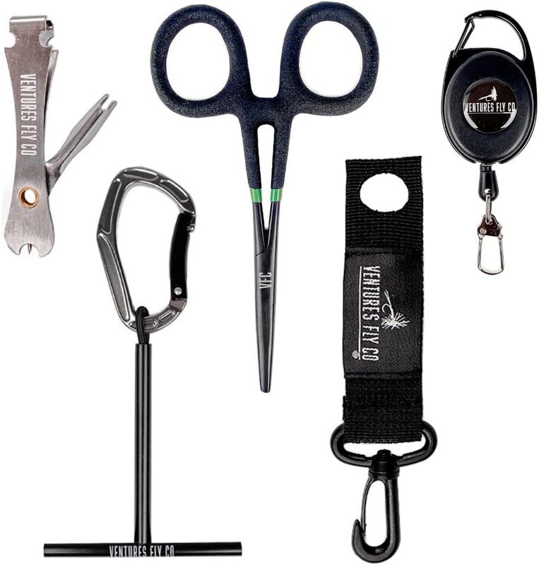 Ventures Fly Co. Fly Fishing Accessories Pack — Forceps, Tippet Holder, Zinger, Floatant Caddy